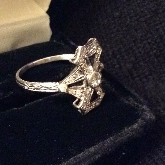 Vintage Art Deco Euro Diamond & Sapphire Ring sz 8 - Picture 9 of 10